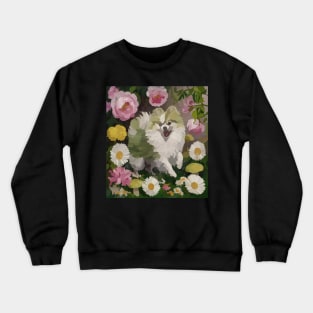 watercolor flowers surrounding a wild Pomeranian Crewneck Sweatshirt